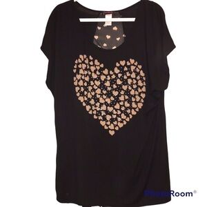 Annabelle Black Gold Heart Rhinestone Knit Tee Shirt Top Size 2X Love V Day